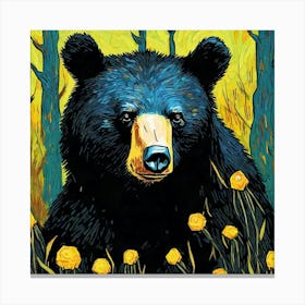 Black Bear In Yellow Flowers Canvas Print