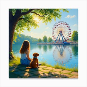 A Girl And A Dog Sitting By A Lake With A Ferris Wheel In The Distance Canvas Print