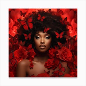 Black Woman With Red Roses And Butterflies 1 Canvas Print