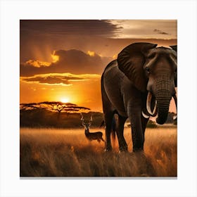 Sunset Elephant And Deer Canvas Print