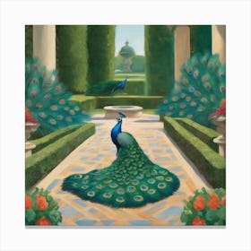 Peacocks in a Renaissance Garden Series. In Style of David Hockney 6 Canvas Print