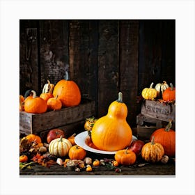 An Autumnal Photography Arrangement Depicting A Vibrant Orange Gourd Amidst A Thanksgiving Meal Sett (3) Canvas Print