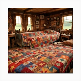 A Cozy Bedroom In A Rustic Log Cabin With Two Beds Covered In Patchwork Quilts Featuring A Fall Leaf Design Canvas Print