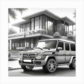 A Pencil Drawing Of A Mercedes Benz G Wagon In Front Of A Beautiful Modern Mansion Canvas Print