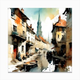 Watercolor Painting European Town Canvas Print