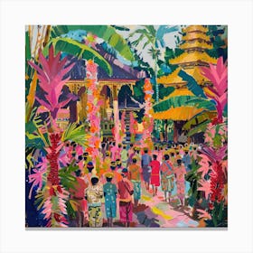 Balinese Temple Ceremony in Style of David Hockney 3 Canvas Print