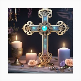 Cross With Candles And Flowers Canvas Print