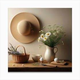 Still life with a hat, a basket, a vase of flowers, a cup, a knife, a cutting board, and some eggs on a wooden table against a beige background Canvas Print