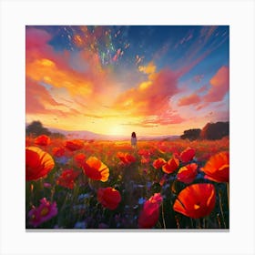 A Rustic Scene Bathed In The Ethereal Glow Of A Heavenly Realm Running Through poppy field Canvas Print