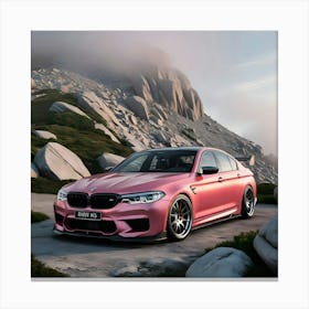 A Highly Detailed, Realistically Rendered 3d Model Of A Pink BMW M5, Adorned With A Sleek, High Performance Full Body Kit, Parked On The Summit Of A Rugged, Mist Shrouded Mountain, Surrounded By Granite Boulders And Patches Of Lush Landscape Canvas Print