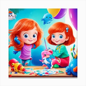 Two Girls Playing With Toys Canvas Print
