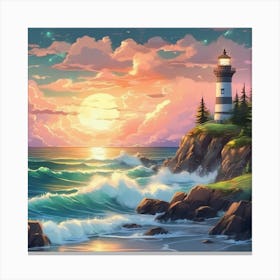 Lighthouse At Sunset Landscape 3 Canvas Print
