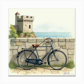 Old Bike By An Ancient Stone Castle Watercolor Painting 1 Canvas Print