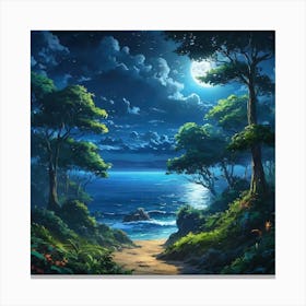 Moonlit Tropical Beach Surrounded by Lush Forest During a Clear Night Canvas Print