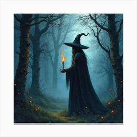 Black Magic Sorceress In Twilight Forest, Watercolor, Eerie 1 Canvas Print