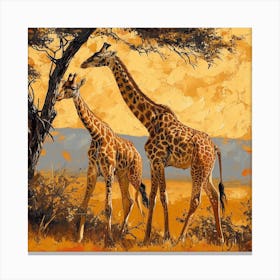 Giraffes Eating Tree Branches Brushstroke 3 Canvas Print