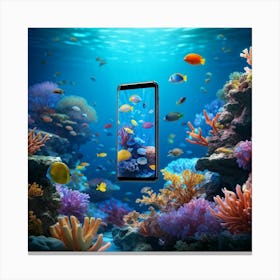 Smartphone Transitioning Into Diverse Marine Fauna Colorful Coral Reef Backdrop Subtle Gradients F Canvas Print