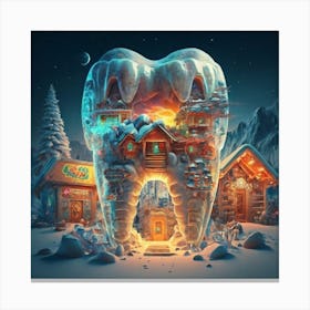 , a house in the shape of giant teeth made of crystal with neon lights and various flowers 13 Canvas Print