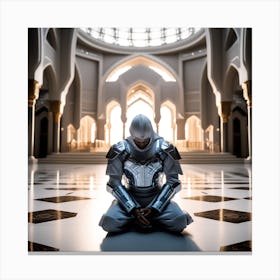 A 3d Dslr Photography Muslim Wearing Futuristic Digital Armor Suit , Praying Towards Masjid Al Haram, House Of God Award Winning Photography From The Year 8045(1) Canvas Print