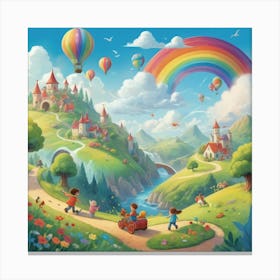 A playful and colorful children’s illustration of a fantasy world with cute characters, rolling hills, fluffy clouds, and a rainbow-filled sky. The scene is joyful and imaginative, full of fun details Canvas Print