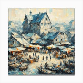 City Near The Harbor, Acrylic Painting Style Canvas Print