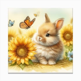 Bunny With Butterflies In Sunflowers Canvas Print