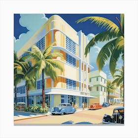 Palm-lined streets of an Art Deco seaside resort Canvas Print