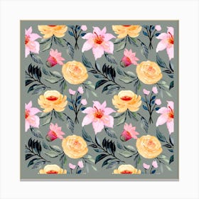 Watercolor Flowers On A Grey Background Canvas Print