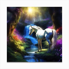 White Horse by Sunlit Waterfall Canvas Print