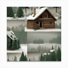 Small wooden hut inside a dense forest of pine trees with falling snow 6 Canvas Print
