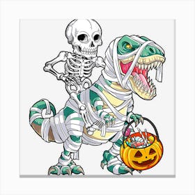 Skeleton On Mummy Trex Funny Halloween Dinosaur Boys Kids Canvas Print