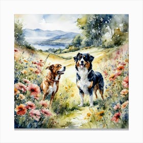 Dog Standing In A Flower Field Canvas Print