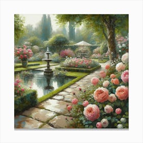 Rose Garden With The Fountain, Acrylic Style Painting 17 Canvas Print