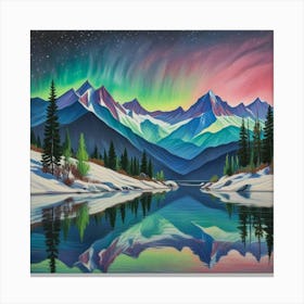 Aurora Over Snow Capped Peaks A Tranquil Mountain Reflection (4) Canvas Print