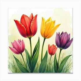 Vibrant Watercolor Tulips In A Spring Garden Scene 1 Canvas Print