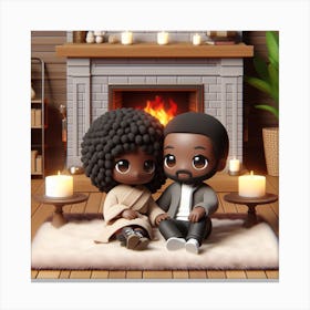 Comfy Couple Sitting In Front Of Fireplace Canvas Print