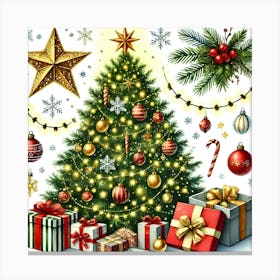 Festive Christmas Tree with Decorations and Gifts Canvas Print