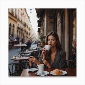 Woman Drinking Coffee In An Italian Cafe Canvas Print
