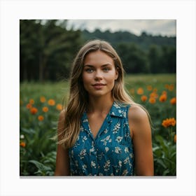 Portrait Of A Young Woman In A Field Canvas Print