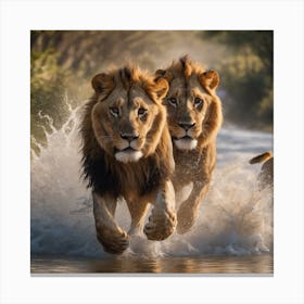 Lions Running In Water Canvas Print