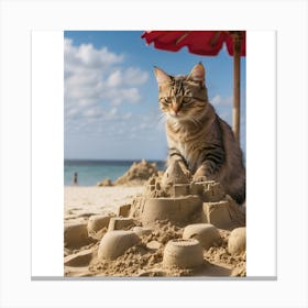 Cat In Sand Castle Canvas Print