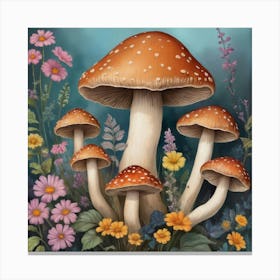 Mushrooms And Flowers Art Print 3 Canvas Print