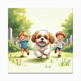 A Playful Shih Tzu Running With Kids In The Garden, Watercolor 1 Canvas Print