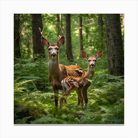 Mother And Fawn In The Forest Canvas Print