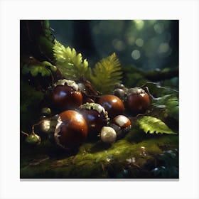 Autumnal Woodland with Conkers, Ferns and Moss Canvas Print