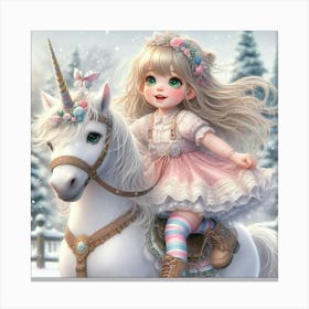 Little Girl Riding A Unicorn Canvas Print