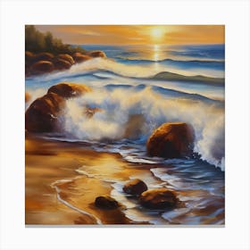 The sea. Beach waves. Beach sand and rocks. Sunset over the sea. Oil on canvas artwork.17 Canvas Print