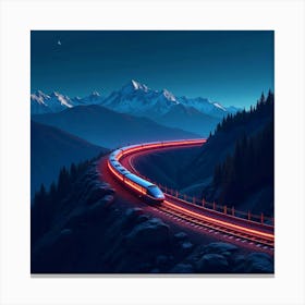 High Speed Train Flying Through The Mountains At Night, Glowing Neon 1 Canvas Print