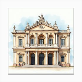 Elegant Watercolor Of An Italian Opera House, Featuring Grand Architecture And Ornate Details 1 Canvas Print