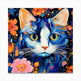 Blue Cat With Flowers Canvas Print